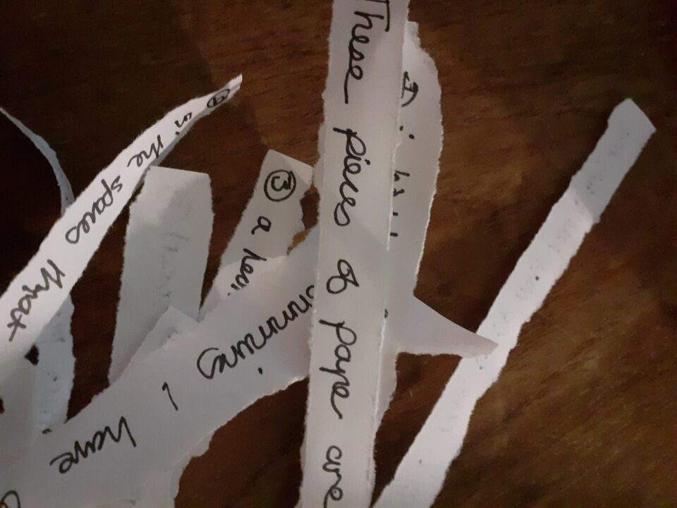 Torn white paper in strips with handwritten words on it are jumbled on a dark wood background
