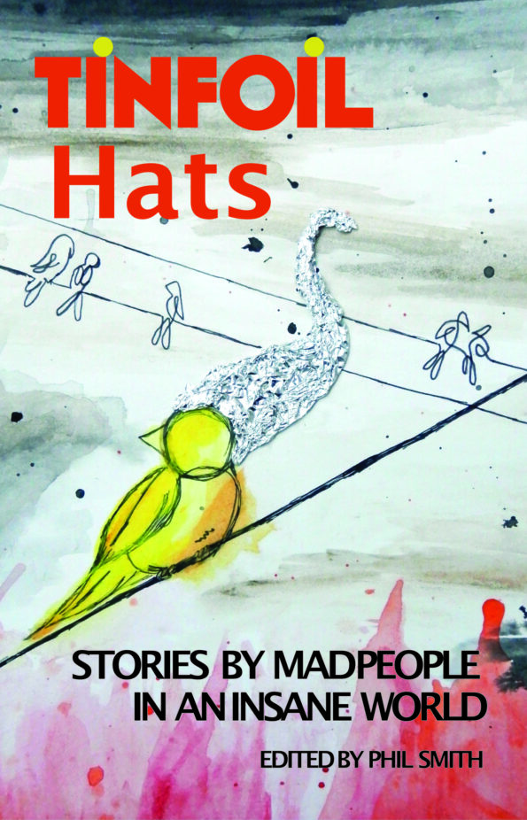 Tinfoil hats cover image: an illustration of a yellow painted bird sits on a line representing a branch with a tinfoil bird shaped shadow behind it.