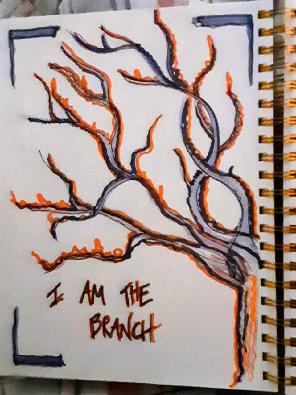 A grey and orange drawing of tree branches in a notebook with the words 'I am the branch'.