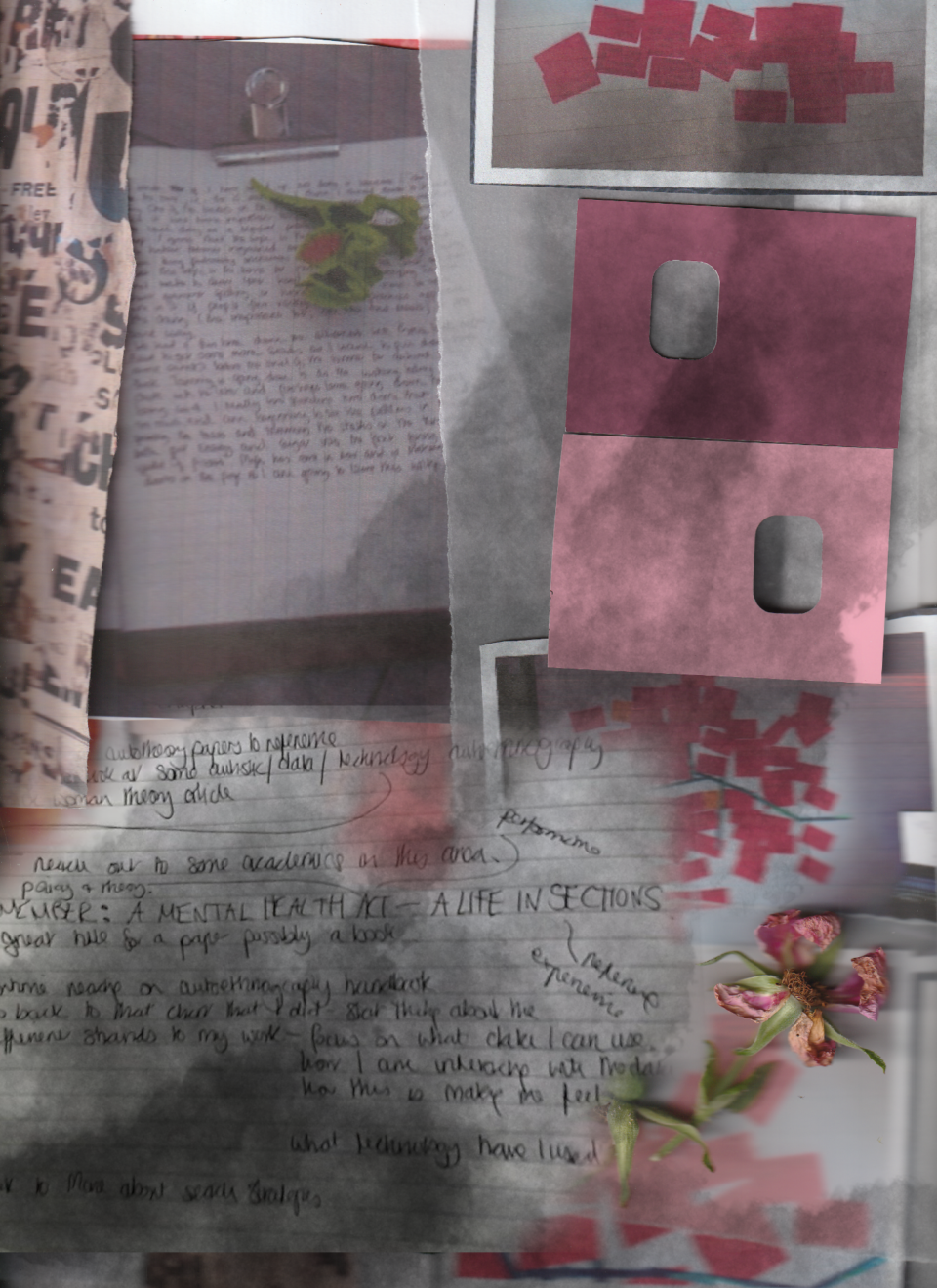 Layered collage of printed text, photographic fragments and translucent tracing paper, with a partially obscured hand-written annotation and muted grey-brown tones.