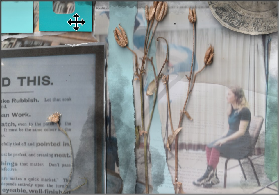 Layered mixed-media collage combining torn printed text, turquoise paper, a faded photograph of a seated woman, pressed dried flower stems and translucent blue-grey overlays, with a fragment of patterned paper in the upper corner.