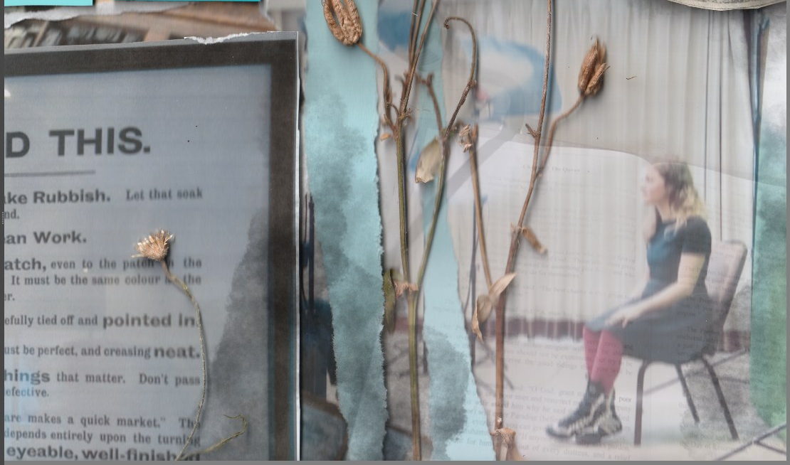 Layered mixed-media collage combining torn printed text, turquoise paper, a faded photograph of a seated woman, pressed dried flower stems and translucent blue-grey overlays, with a fragment of patterned paper in the upper corner.