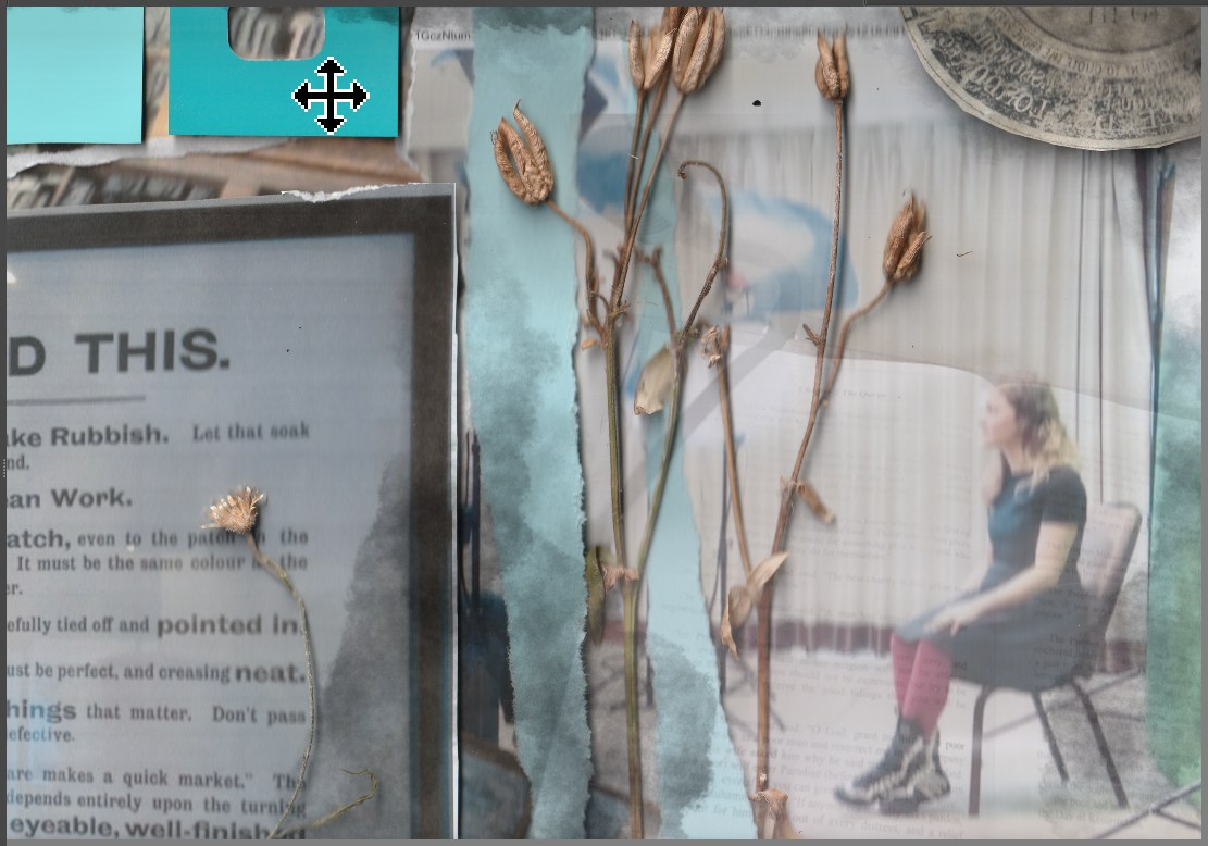 Layered mixed-media collage combining torn printed text, turquoise paper, a faded photograph of a seated woman, pressed dried flower stems and translucent blue-grey overlays, with a fragment of patterned paper in the upper corner.