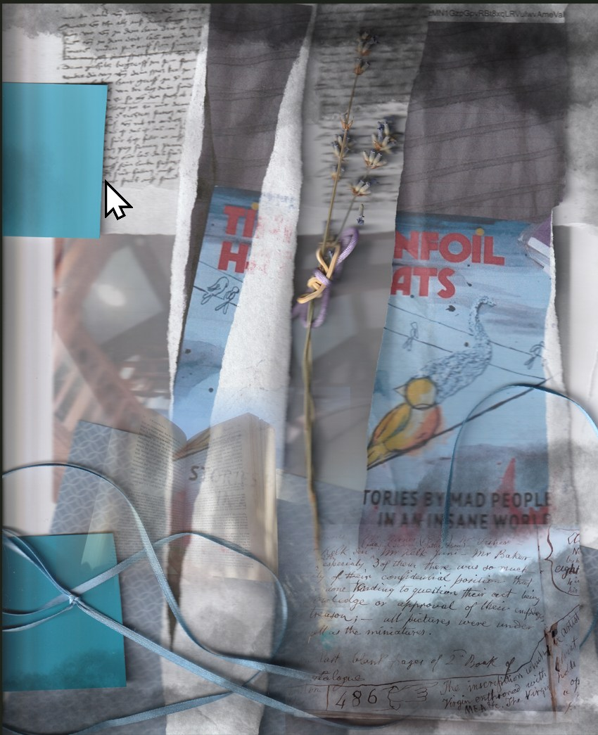 Layered mixed-media collage combining handwritten manuscript fragments, torn paper, an open book, blue paper, ribbon and a dried flower stem. A partially obscured illustrated panel and archival-style text sit beneath translucent grey layers, creating a fragmented, research-notebook-like composition.